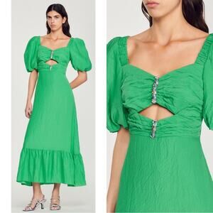 SANDRO Green Embellished Puff Sleeve Midi Dress with Rhinestones Size 4